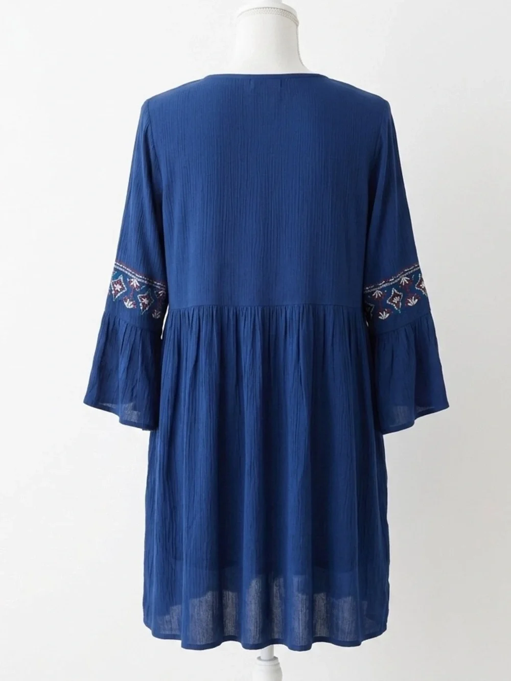 Knox Rose Starry Night Navy Blue Embroidered Boho Bell Sleeve Rayon Dress Sz S